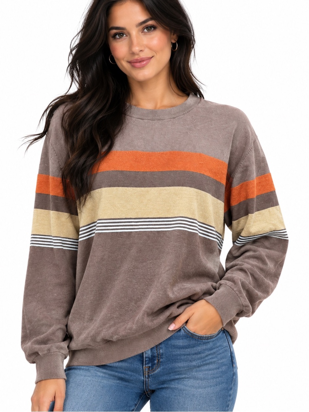 Zyia Active Unisex Brown Crewneck Sweater with Orange and Cream Stripes Medium